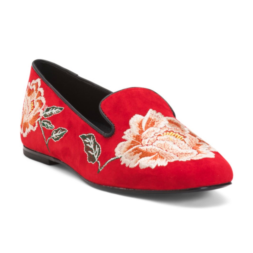 Natori Red Suede Edda Embroidered Smoking Loafer